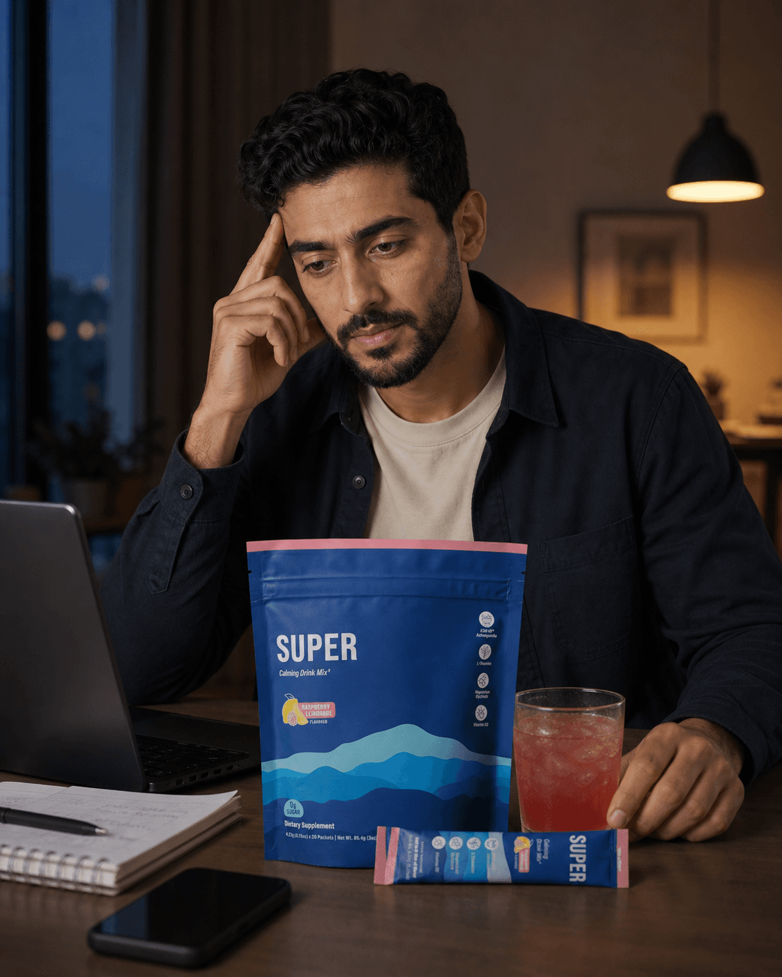 يوسف في نهاية يوم العمل أمام عبوة SUPER وكوب المشروب